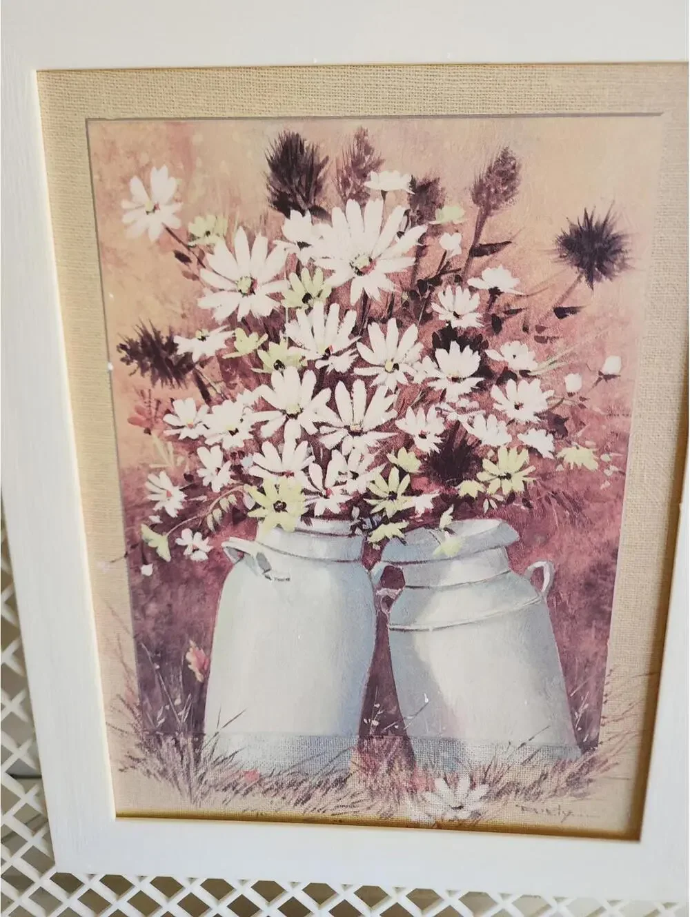 Vintage Framed Retro Floral Lithographs in Plastic Lattice Style Frames